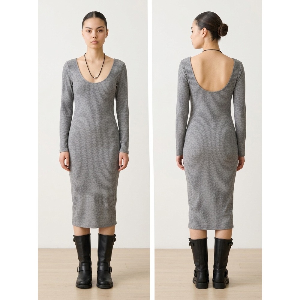Grey Ribbed Long Sleeve Scoop Back Midi Dress Bodycon Moto. Large. Club. Party.